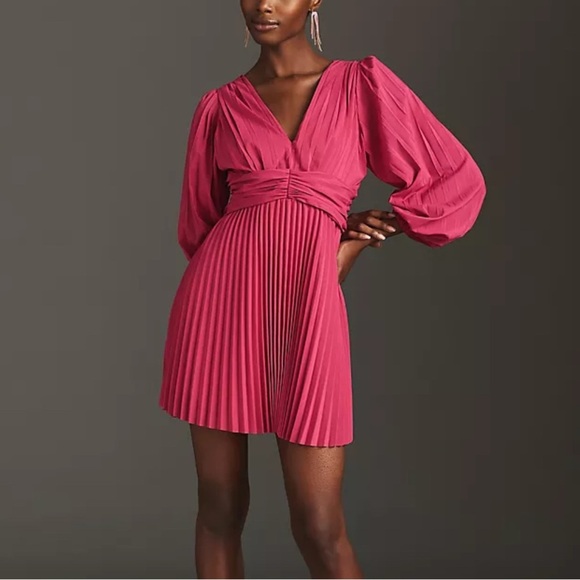 Aureta X Anthropologie Pleated Long-Sleeve V-Neck Dress lined - Picture 1 of 12